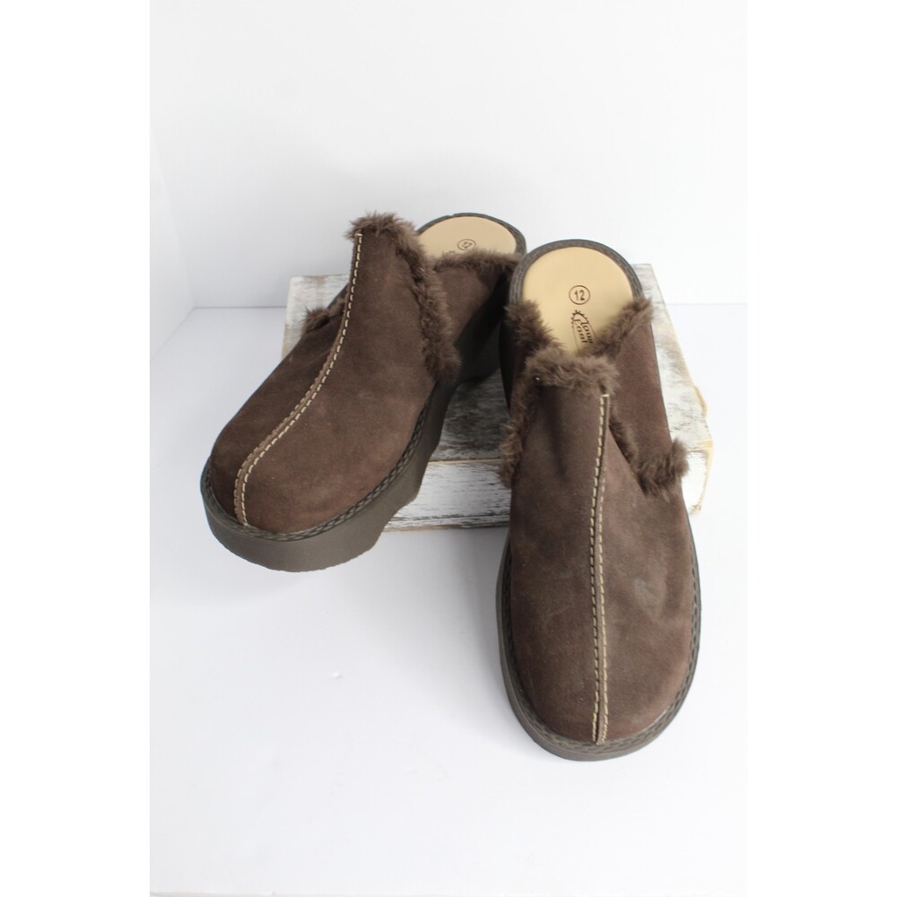 Lower East Side Platform Slide On Women's 12 Brown‎ Leather Faux Fur Trim
